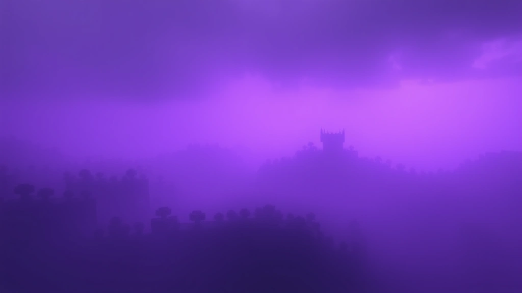 Moody Minecraft landscape with purple-tinted fog and distant blocky structures, eerie atmosphere, no characters visible, photorealistic rendering of pixelated world, mysterious lighting