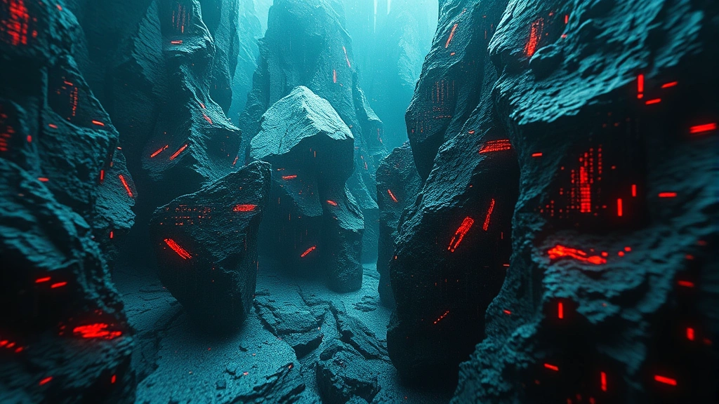Digital horror concept art showing corrupted data streams and glitched pixels merging with natural stone textures, abstract technological nightmare aesthetic, cinematic quality lighting