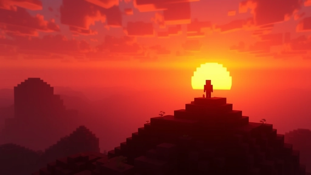 Minecraft world at dusk with single figure standing on mountain ridge silhouetted against orange sky, mysterious presence, photorealistic blocky landscape, cinematic depth of field