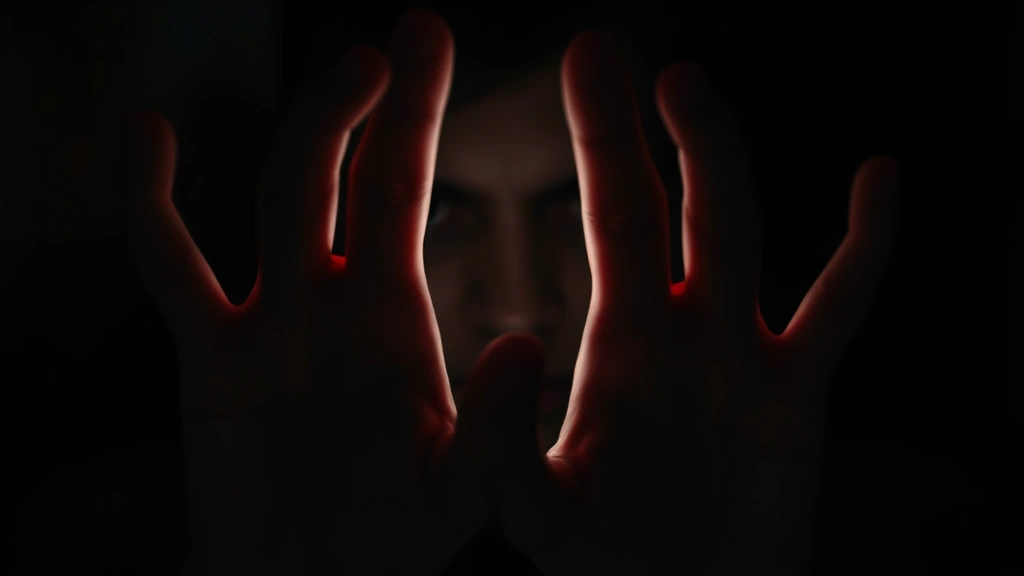 Close-up of hands reaching through darkness toward viewer, psychological tension conveyed through gesture and lighting, dramatic chiaroscuro effect, intimate yet unsettling moment capturing emotional fragility and psychological distress