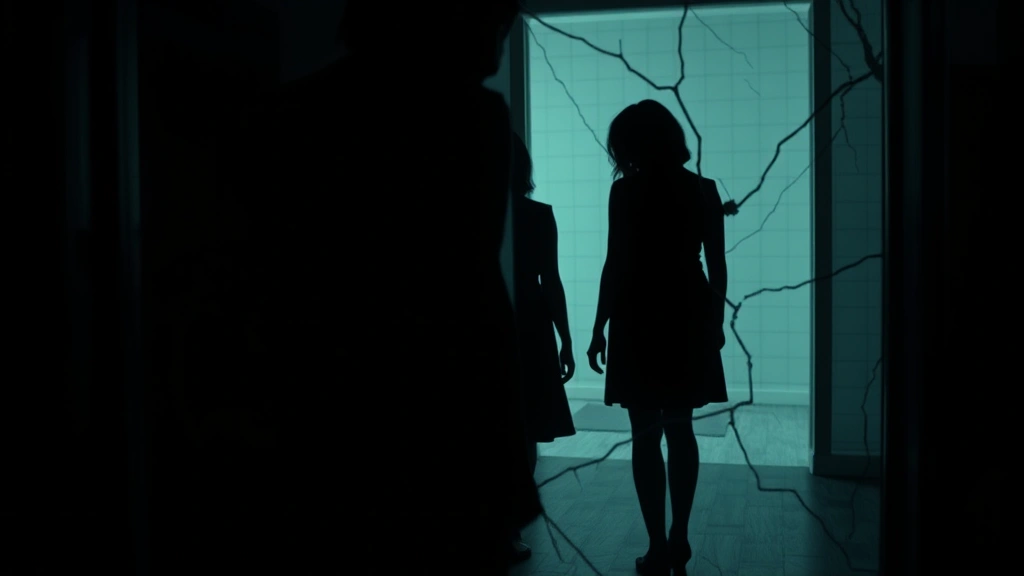 Distorted mirror reflection showing two silhouettes overlapping in shadowy interior space, psychological symbolism of fractured identity and duality, atmospheric horror cinematography emphasizing psychological themes rather than supernatural elements