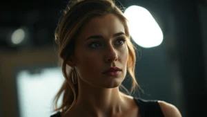 Professional actress in dramatic scene, intense emotional expression, subtle lighting emphasizing facial features, contemporary film production aesthetic, shallow depth of field