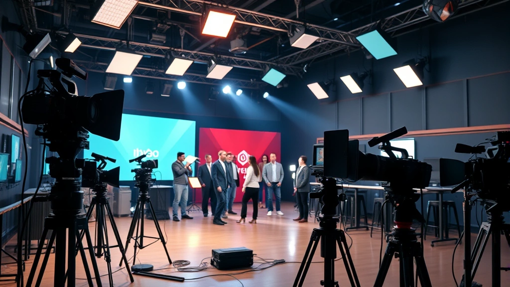 Television studio set with professional lighting rigs, camera equipment, and production crew in background, modern broadcast environment, cinematic color grading