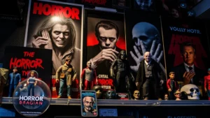 Close-up of vintage horror movie memorabilia including action figures, posters, and collectibles arranged on a shelf with dramatic lighting emphasizing textures and details