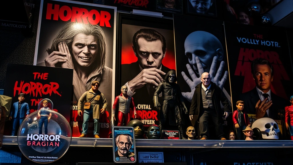 Close-up of vintage horror movie memorabilia including action figures, posters, and collectibles arranged on a shelf with dramatic lighting emphasizing textures and details