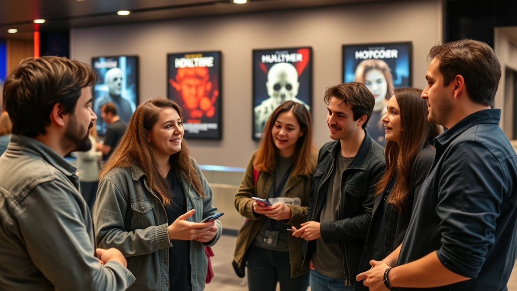 Diverse group of film enthusiasts discussing horror movies in a modern cinema lobby with movie posters visible in background, genuine conversation and engagement