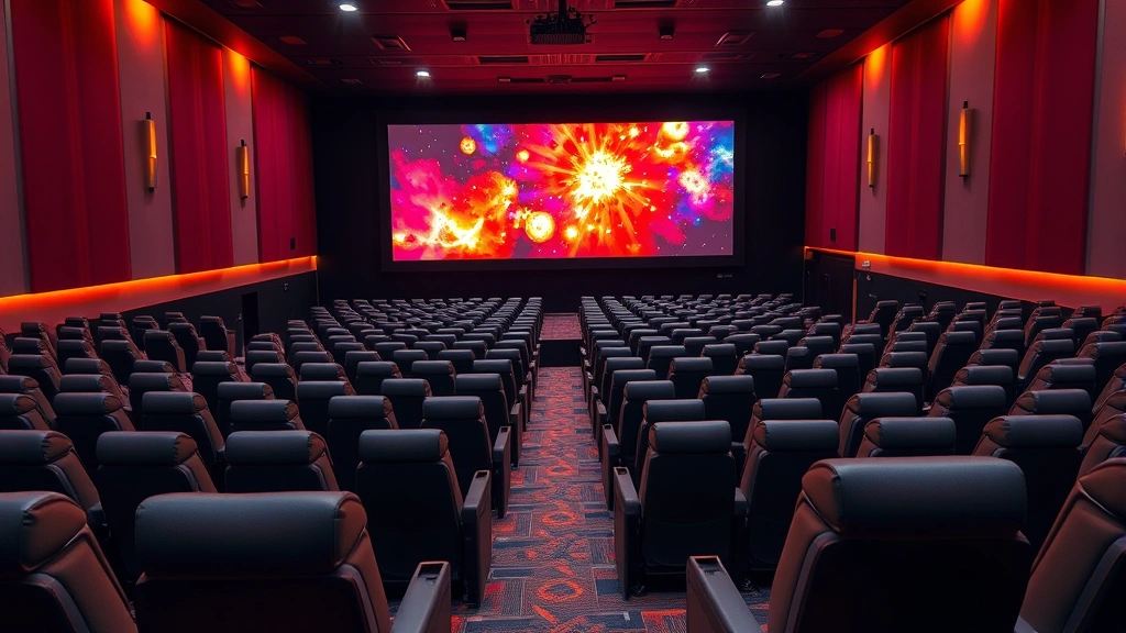 Modern multiplex cinema auditorium with plush reclining seats, warm ambient lighting, large projection screen showing vibrant colors, empty theater ready for audience, photorealistic digital cinema environment