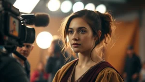 Young female actor in professional film production setting, wearing costume under studio lighting, cinematographer and director visible in soft focus background, focused expression during character work