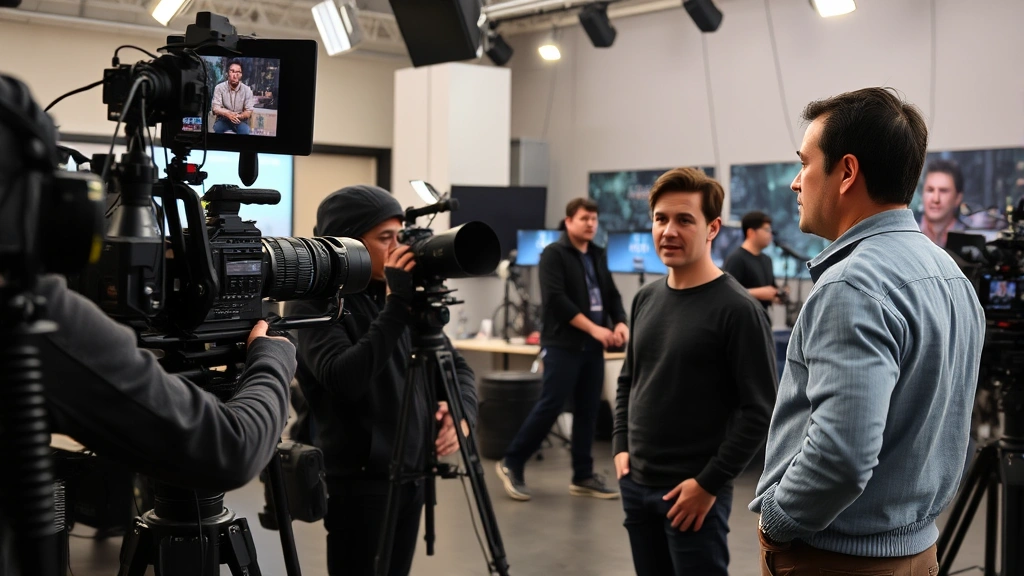 Modern film set with multiple cameras and crew members, actor in conversation with director reviewing scene, professional production environment with monitors and equipment, collaborative creative moment