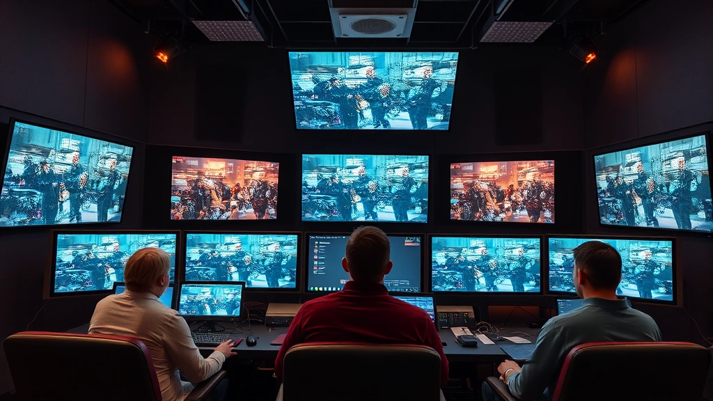 Streaming production control room with monitors displaying multiple scenes, production team monitoring performance, contemporary digital media production infrastructure, professional broadcast environment