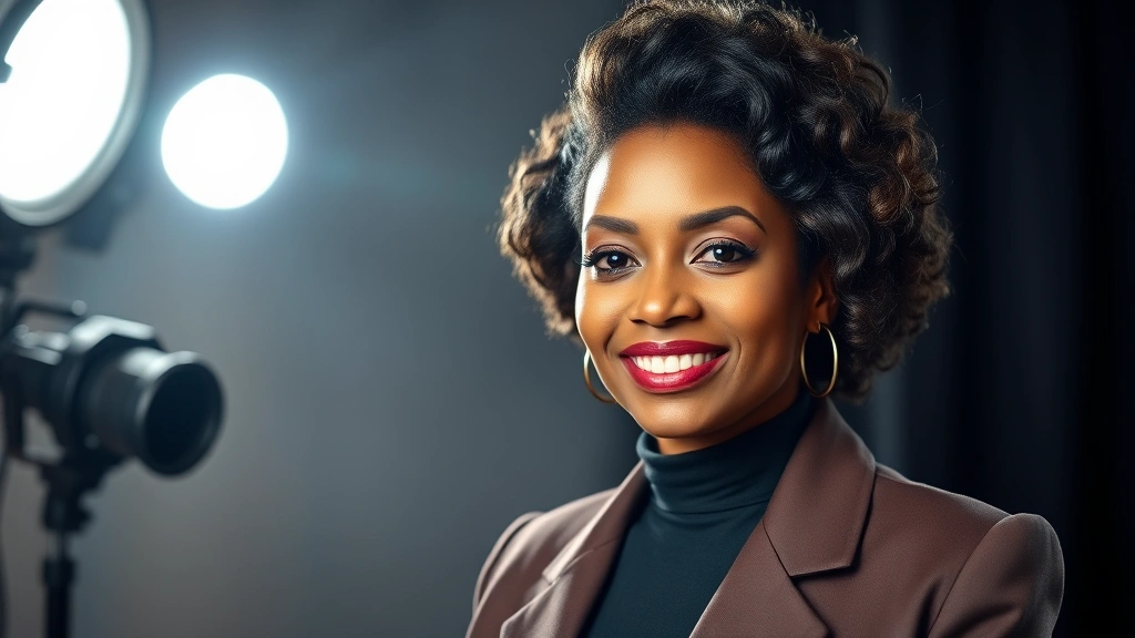 Professional headshot of accomplished Black female television performer from 1980s era, studio lighting, professional attire, confident expression, entertainment industry setting