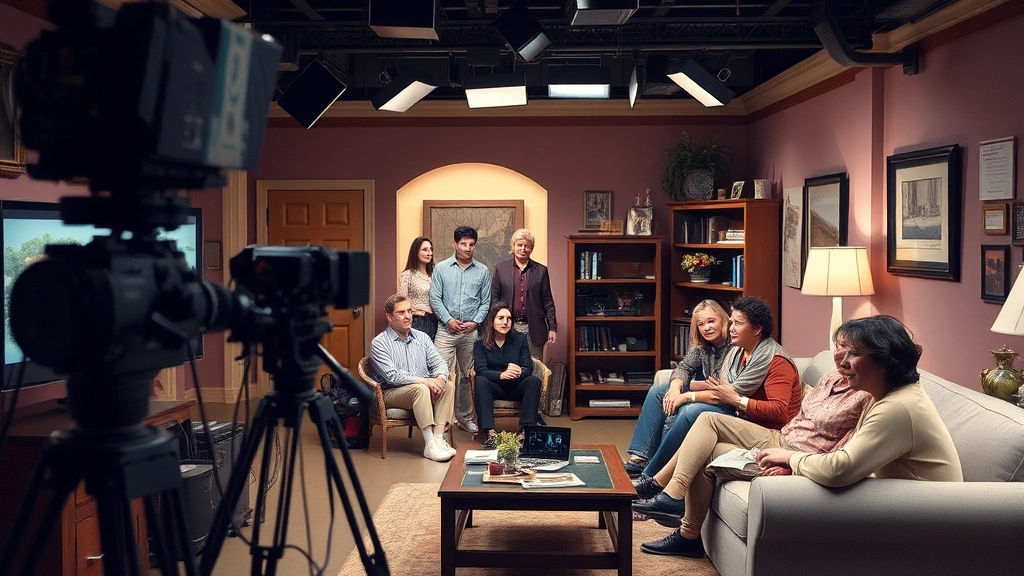 Television production set during 1980s sitcom filming, diverse cast members in apartment interior set, studio lighting equipment visible, collaborative creative environment