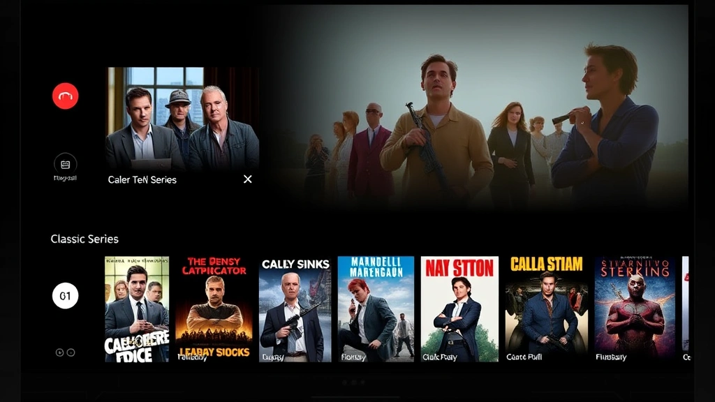 Modern streaming platform interface displaying classic television series and films, digital entertainment distribution, multiple content thumbnails, contemporary viewing technology