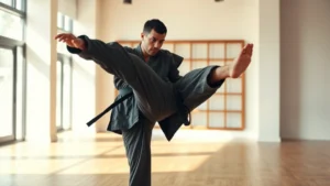 Young male actor in martial arts training uniform performing kick technique in modern dojo setting with natural lighting and wooden floor, focused intensity on face