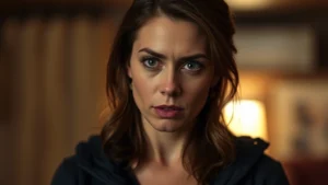 Canadian actress in dramatic scene, intense emotional expression, professional lighting, contemporary film production quality, serious character moment