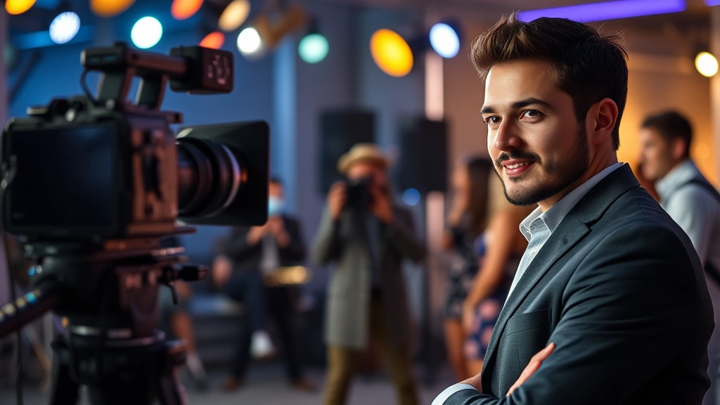 Entertainment industry professional at film event or interview setting, confident composed presence, professional photography, contemporary media environment