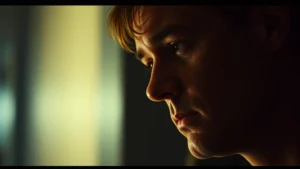 Close-up of a thoughtful actor in a 1990s minimalist film set, dramatic side lighting, cinematic depth of field, introspective expression, modern film noir aesthetic, photorealistic detail