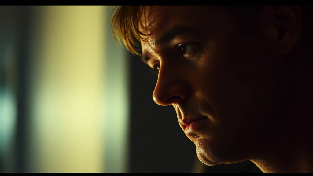 Close-up of a thoughtful actor in a 1990s minimalist film set, dramatic side lighting, cinematic depth of field, introspective expression, modern film noir aesthetic, photorealistic detail