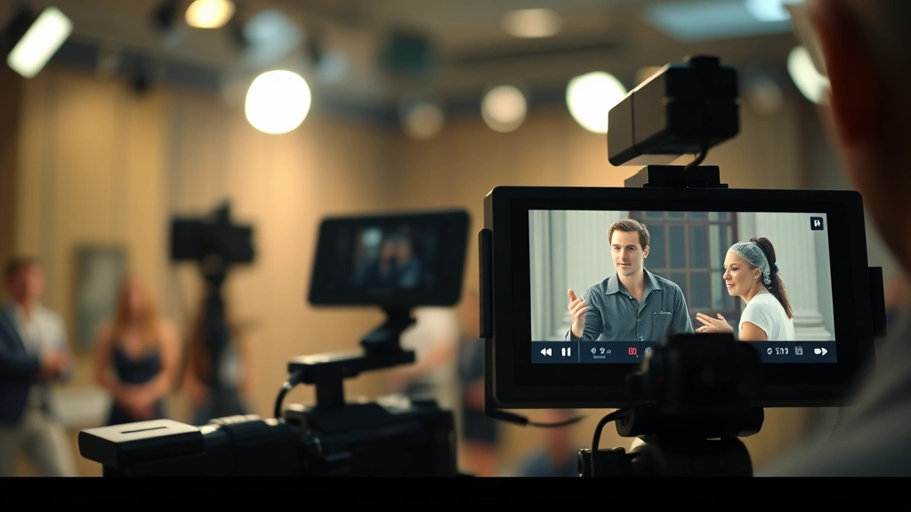 Split-screen composition showing film equipment and director's monitor displaying character performance, professional cinema production environment, bokeh lighting, documentary-style cinematography of creative process