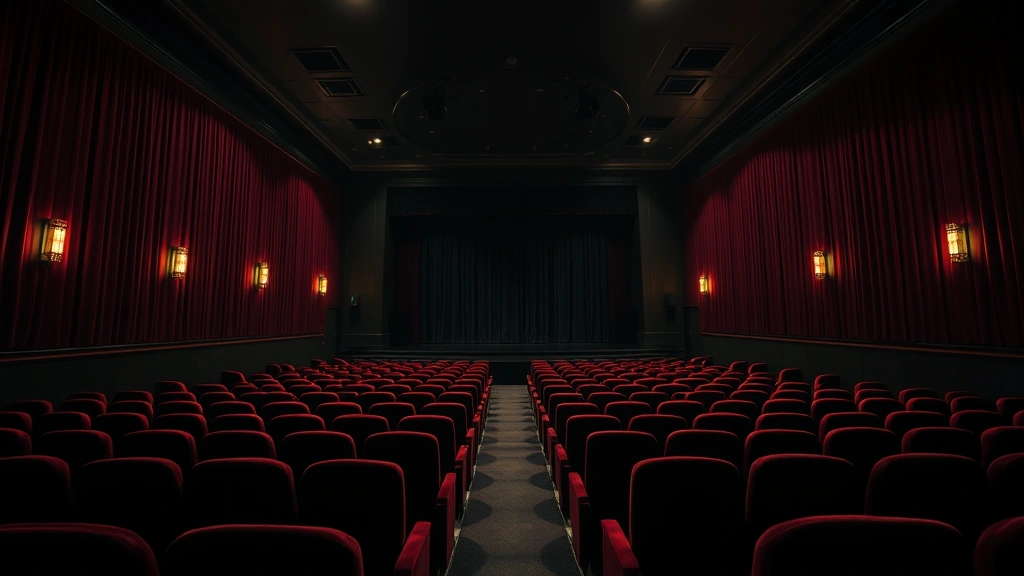 Wide shot of empty arthouse cinema interior with dramatic uplighting, velvet seats and vintage projection booth visible, moody atmospheric lighting, cinematic composition emphasizing artistic space