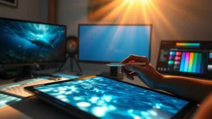 Digital artist working on a stylized underwater scene composition, tablet pen hovering over screen showing water and light refraction, warm golden lighting from above creating contrast with cool blue tones below, modern design studio environment with monitors displaying color theory palettes
