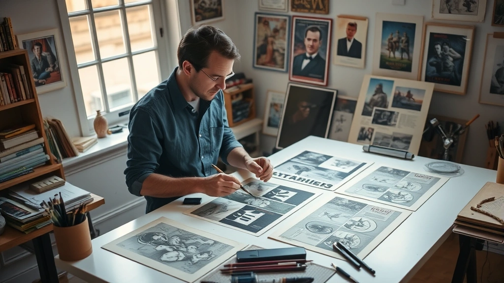 Professional illustrator reviewing vintage movie poster artwork concepts spread across a light table, examining different compositional sketches and color studies, natural window light illuminating classical art tools and reference materials, focused creative work environment