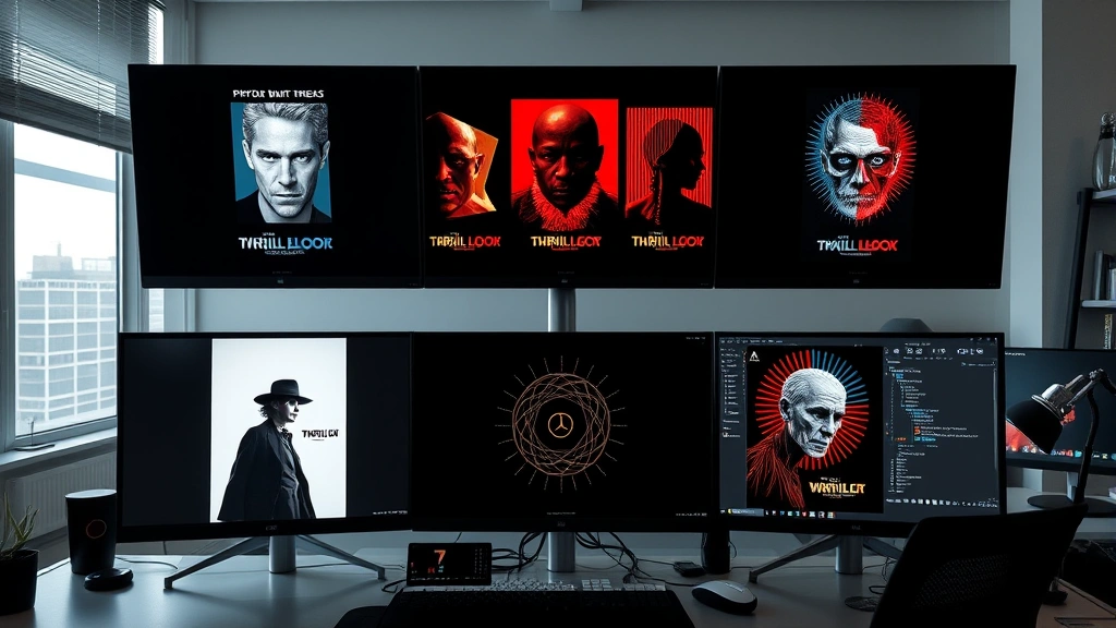 Contemporary graphic design portfolio displayed on multiple digital screens showing evolution of thriller movie poster designs, minimalist compositions with psychological color theory applications, modern creative workspace with design software interface visible, professional design studio setting