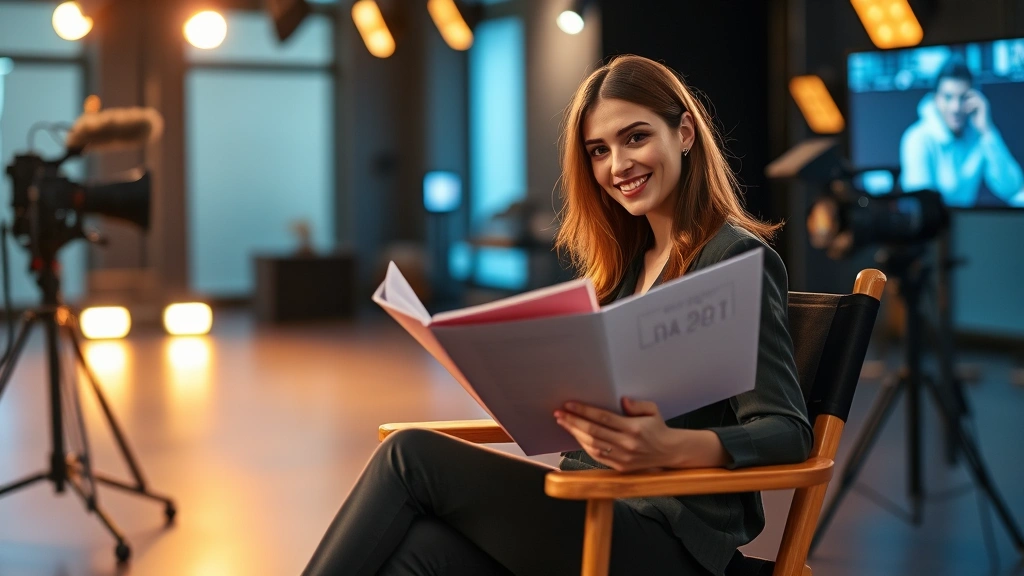 Professional female actor in modern film production setting, sitting on director's chair on soundstage, holding script pages, warm lighting, professional atmosphere, contemporary cinema environment