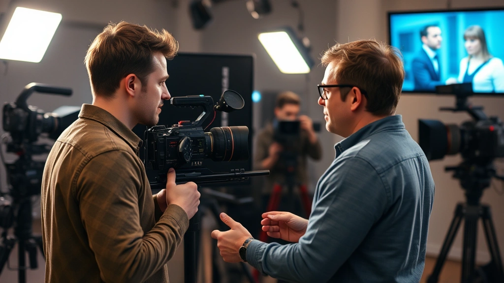 Film production behind-the-scenes moment with actor and director collaborating, reviewing scene on monitor, creative discussion atmosphere, modern equipment visible, professional creative partnership dynamic