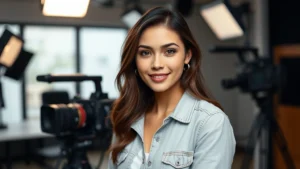 Professional female actress in modern filming studio, soft studio lighting, confident expression, casual professional attire, film production equipment visible in soft focus background, digital media environment