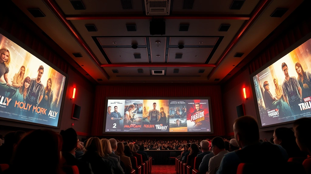 Movie theater interior with glowing screens showing various film genres, audience silhouettes, contemporary cinema setting, warm theatrical lighting, multiple screens displaying different content types, entertainment distribution concept