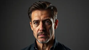 Professional portrait of mature male actor in dramatic lighting, serious contemplative expression, studio setting with neutral background, cinematic quality photography