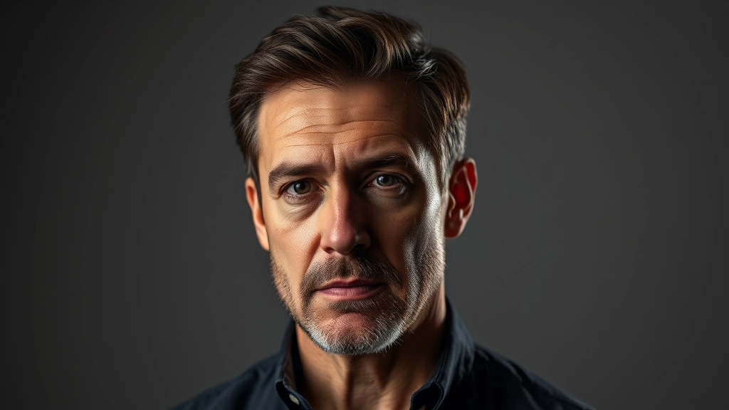 Professional portrait of mature male actor in dramatic lighting, serious contemplative expression, studio setting with neutral background, cinematic quality photography