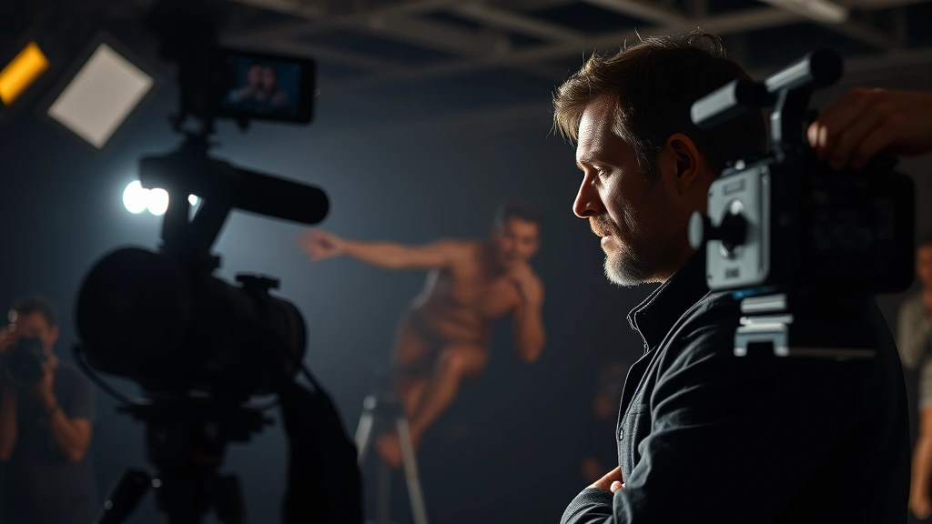 Film production scene showing actor in character during dramatic dialogue, professional lighting setup visible, emotional intensity captured mid-performance, movie set environment