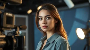 Professional female actor in modern television production, confident expression, dramatic studio lighting, contemporary entertainment industry setting, photorealistic cinematic quality