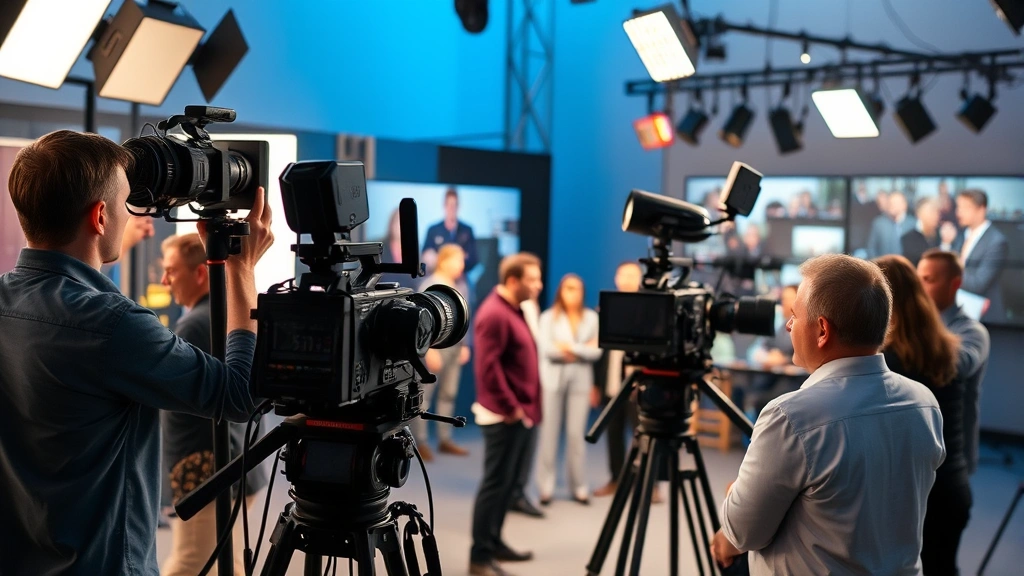 Television production set with multiple cameras and professional lighting equipment, actors in scene preparation, behind-the-scenes professional environment, dynamic composition