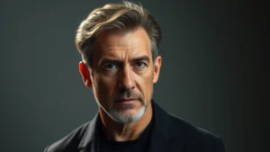 Professional headshot of mature male actor in dramatic lighting, contemplative expression, studio setting, neutral background, cinematic quality, professional photography style