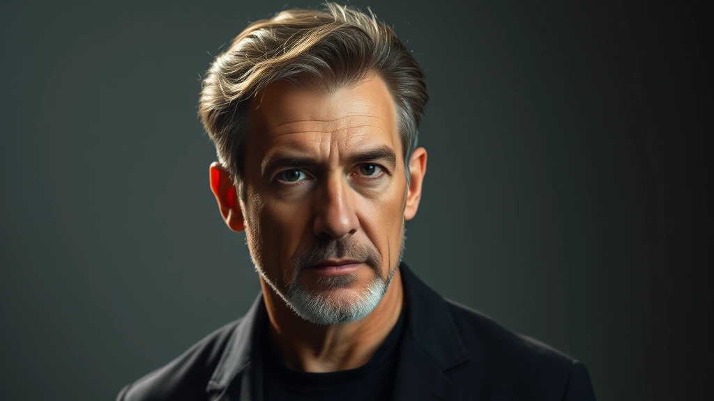 Professional headshot of mature male actor in dramatic lighting, contemplative expression, studio setting, neutral background, cinematic quality, professional photography style