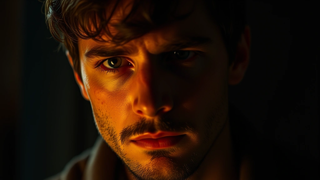 Close-up portrait of a contemplative male actor in dramatic lighting, showing subtle emotional complexity in facial expression, professional film production quality, moody atmospheric background