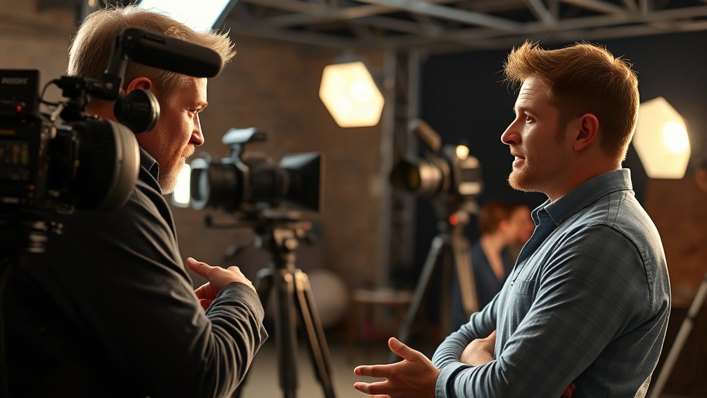 Film set during production with director and male actor in conversation, reviewing scene, cinematic lighting setup visible, collaborative creative atmosphere, professional cinematography