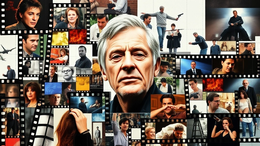 Montage of film strips and cinema elements, abstract representation of acting career spanning decades, diverse international film genres, creative visual storytelling, no text visible