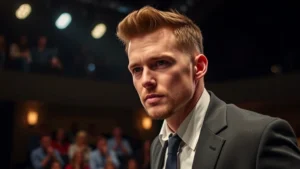 Professional male performer in dramatic scene, intense facial expression, modern stage lighting, contemporary theater setting, serious character portrayal, no audience visible