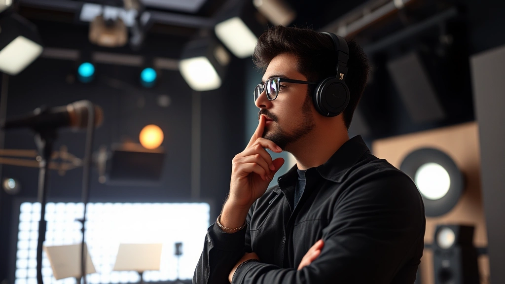 Entertainment industry professional in modern recording studio or production set, contemplative pose, professional lighting equipment visible in background, creative workspace atmosphere