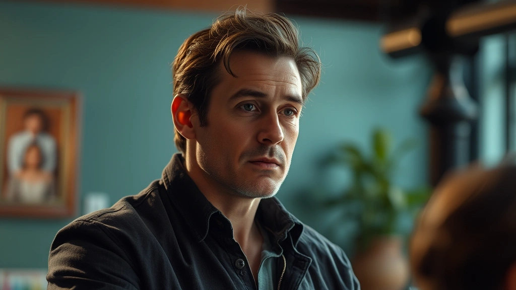 Actor in character during emotional scene, naturalistic performance moment, professional cinematography style, dramatic lighting, contemporary television production quality