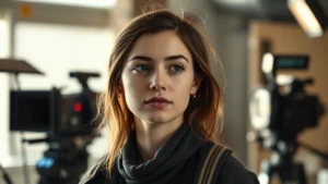 Young female actor in contemplative pose on film set, soft natural lighting, behind-the-scenes candid moment, professional atmosphere, shallow depth of field with blurred production equipment