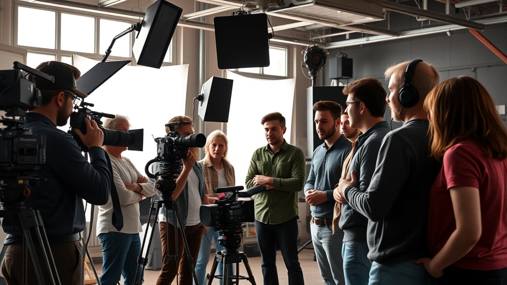 Diverse film crew collaborating on movie set, actors and directors in creative discussion, natural daylight through studio windows, professional filmmaking environment, documentary-style photography