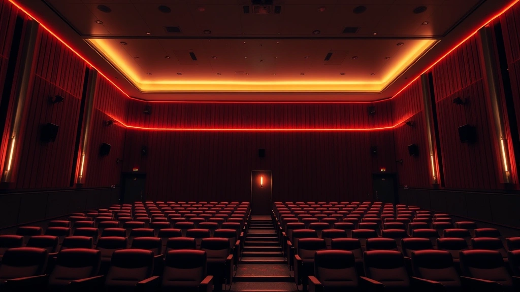 Modern cinema theater with warm ambient lighting, empty seats suggesting exclusive screening, sophisticated film industry aesthetic, elegant architectural details, emphasis on film exhibition space