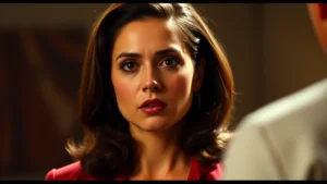 Professional female actor in dramatic scene, intense emotional moment, film lighting, 1990s cinematography aesthetic, authentic character portrayal, no visible text or interfaces