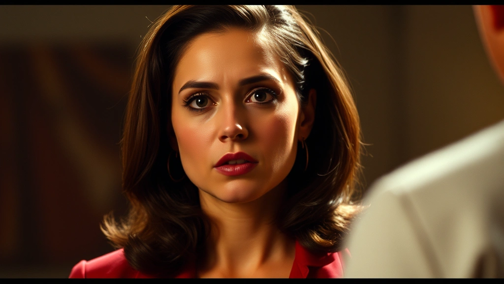 Professional female actor in dramatic scene, intense emotional moment, film lighting, 1990s cinematography aesthetic, authentic character portrayal, no visible text or interfaces