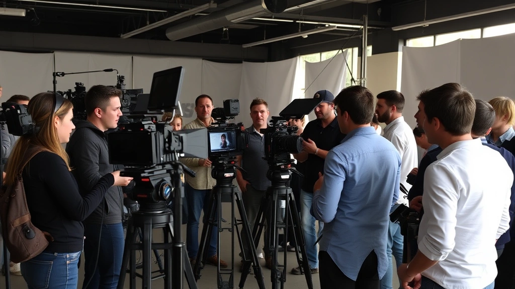 Film production set with actors and crew, behind-the-scenes filmmaking moment, professional environment, collaborative creative work, natural lighting setup, no screens or written content visible